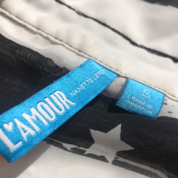 L’Amour Nanette Lepore sleeveless shirt tank top w/ collar stars black & white - Picture 2 of 6